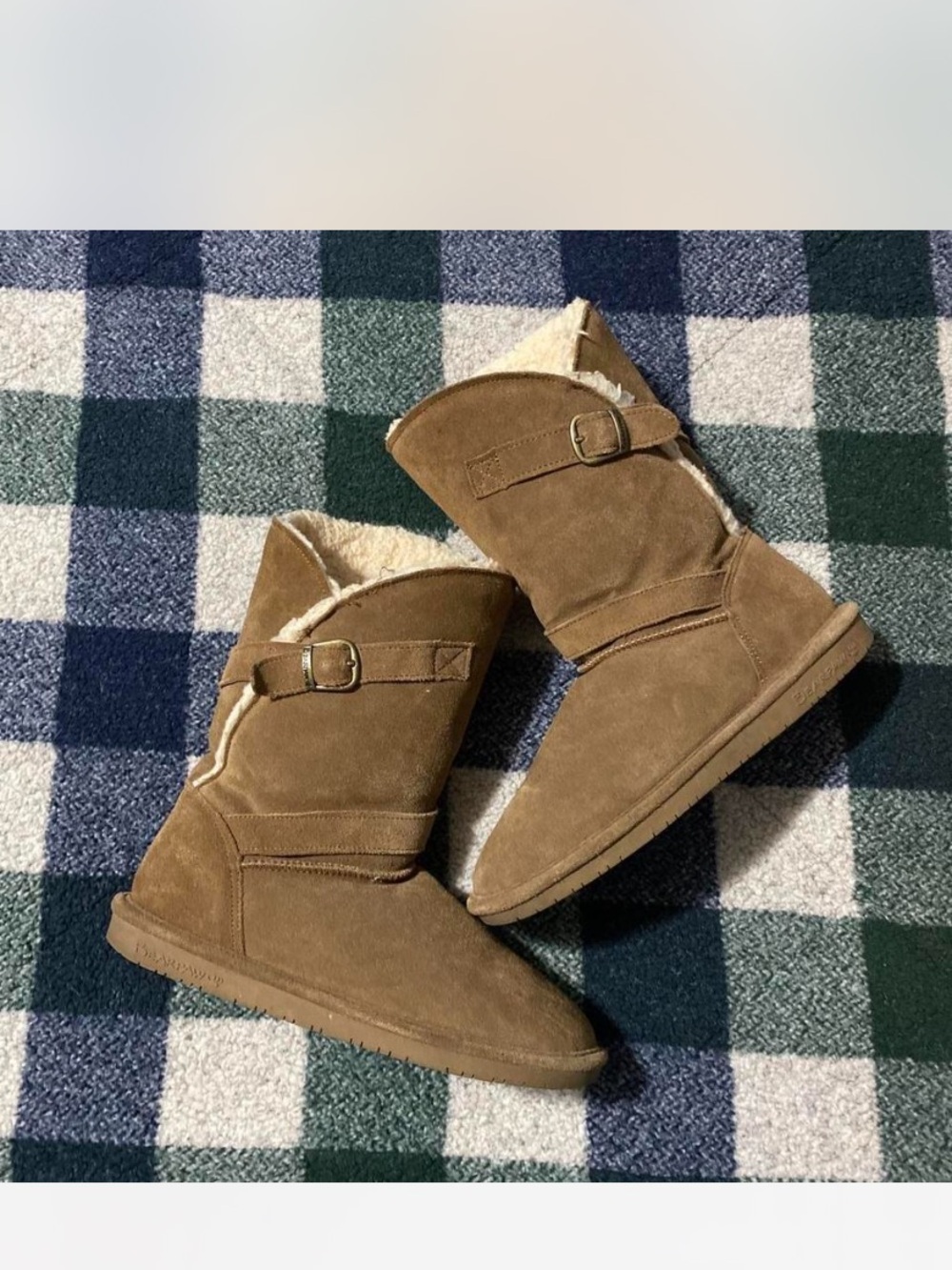 BearPaw Tan Faux-Shearling Mid-Calf Buckle Boots Sz 10